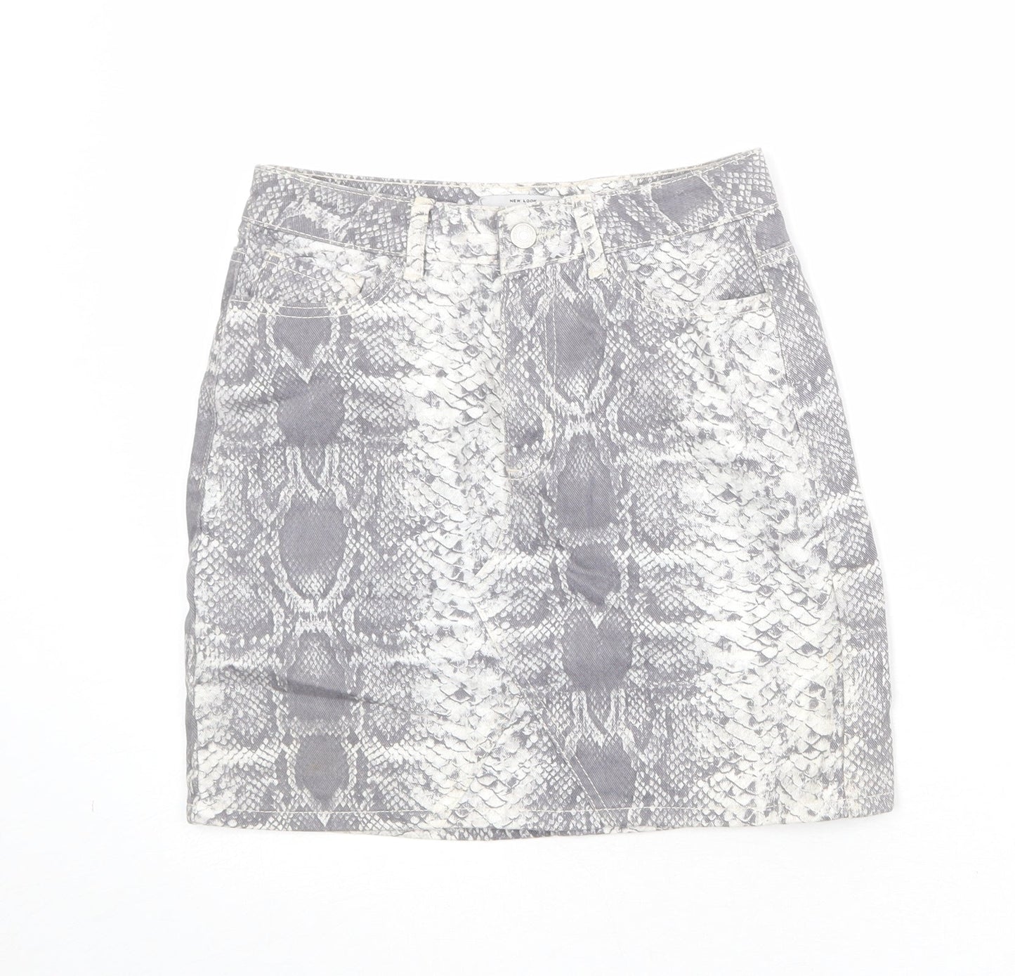 New Look Womens Grey Animal Print Cotton A-Line Skirt Size 8 Zip - Snakeskin Pattern