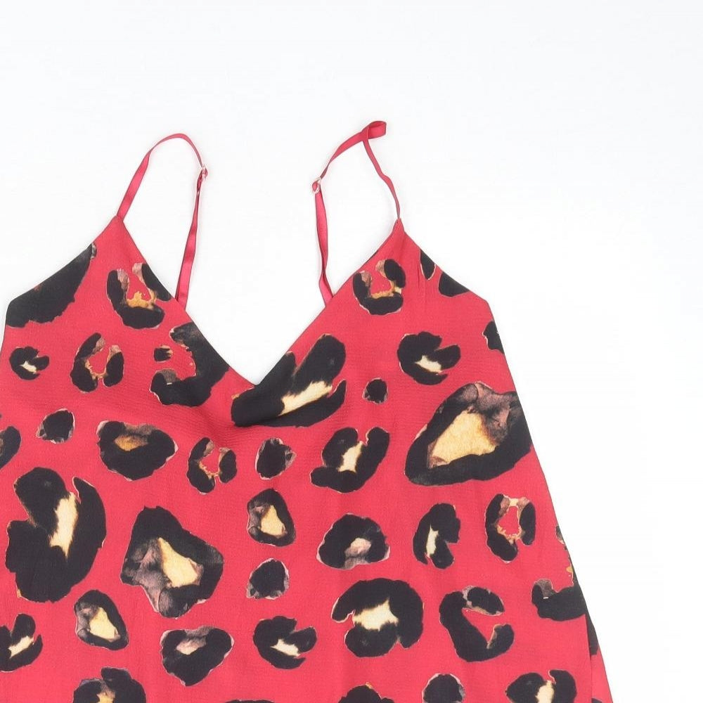 Boohoo Womens Red Animal Print Polyester Basic Tank Size 10 V-Neck - Leopard Print