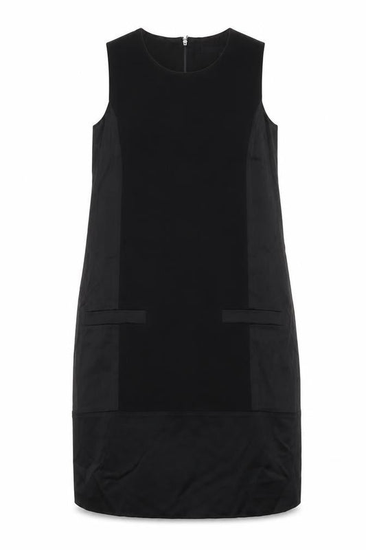 Front view of French Connection women’s black acetate shift, size UK 8, boat neck zip