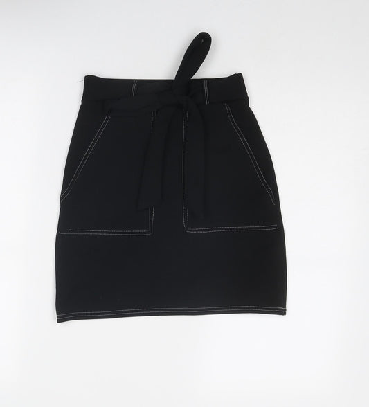 PRETTYLITTLETHING Womens Black Polyester A-Line Skirt Size 8 Tie