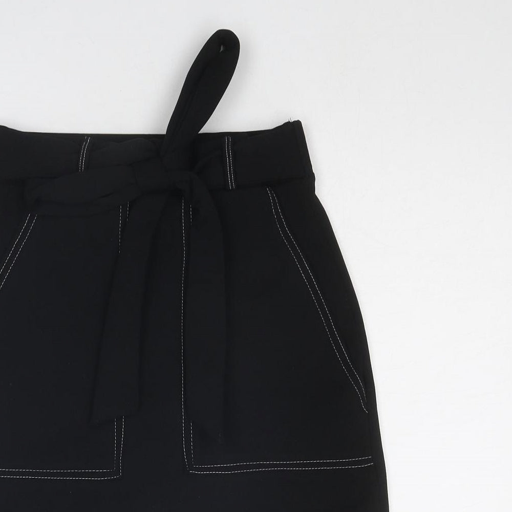 PRETTYLITTLETHING Womens Black Polyester A-Line Skirt Size 8 Tie