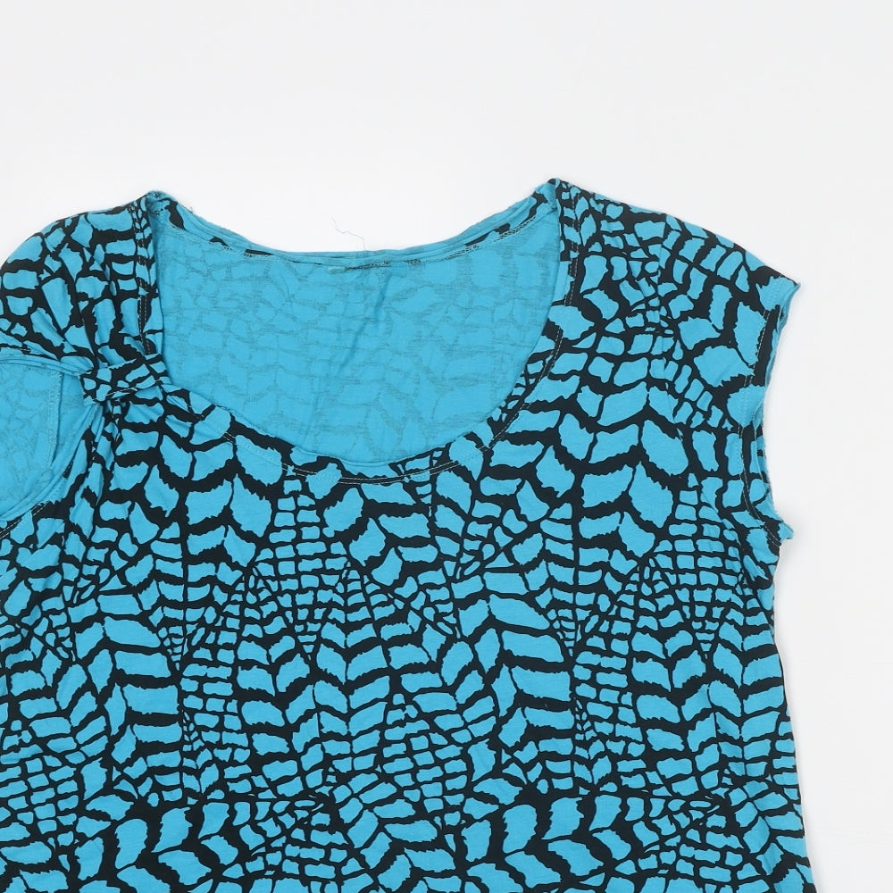 Evans Womens Blue Geometric Cotton Basic Blouse Size 14 Scoop Neck