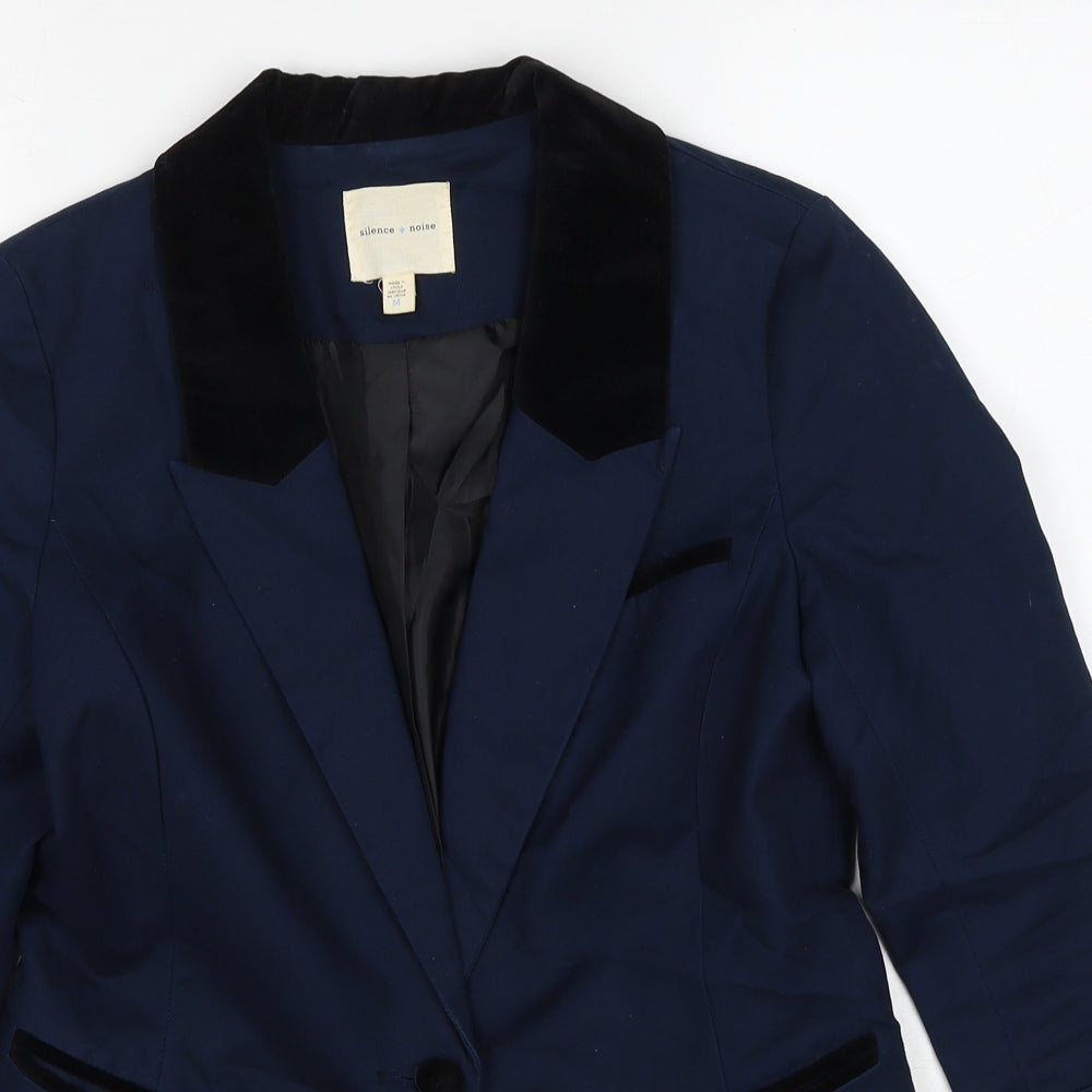 Close-up detail of Silence + Noise women’s blue cotton jacket suit jacket, size M
