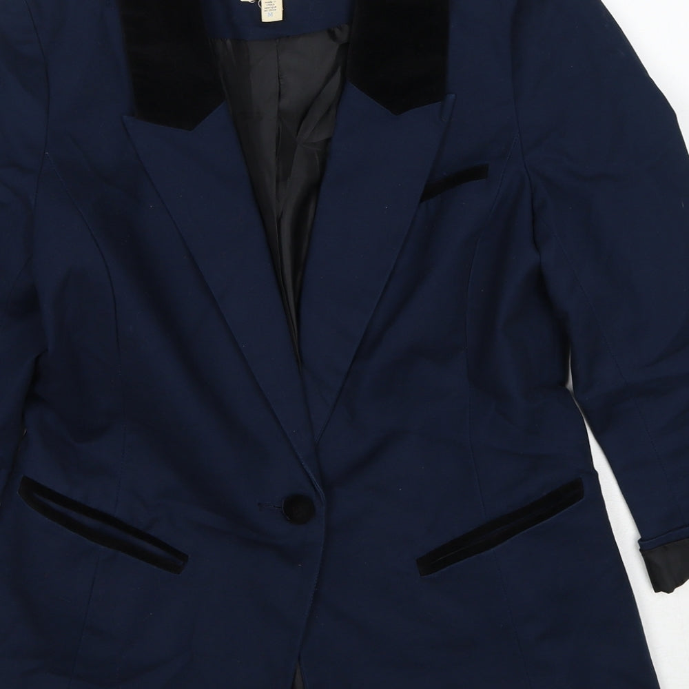 Brand and care label for Silence + Noise women’s blue cotton jacket suit jacket, size M