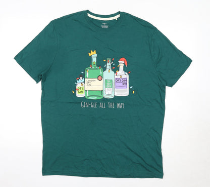 Marks and Spencer Mens Green Cotton T-Shirt Size M Round Neck Pullover - Alcohol bottle graphics