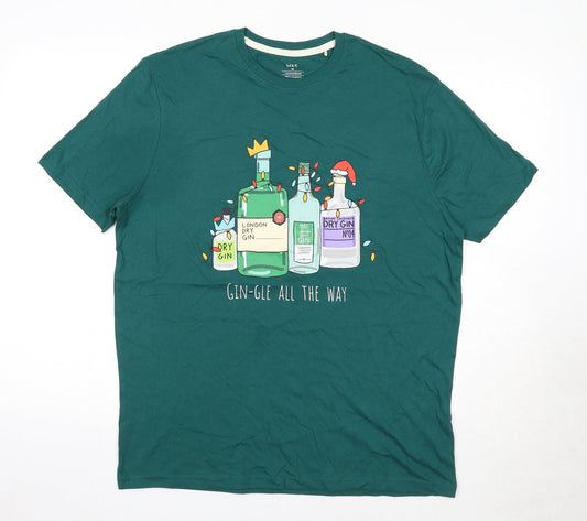 Marks and Spencer Mens Green Cotton T-Shirt Size M Round Neck Pullover - Alcohol bottle graphics