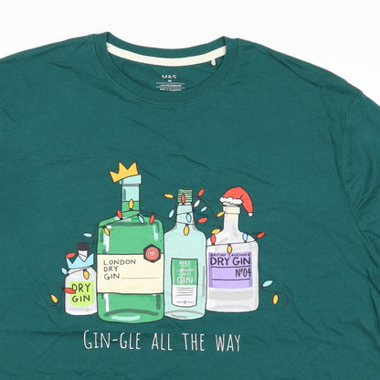 Marks and Spencer Mens Green Cotton T-Shirt Size M Round Neck Pullover - Alcohol bottle graphics