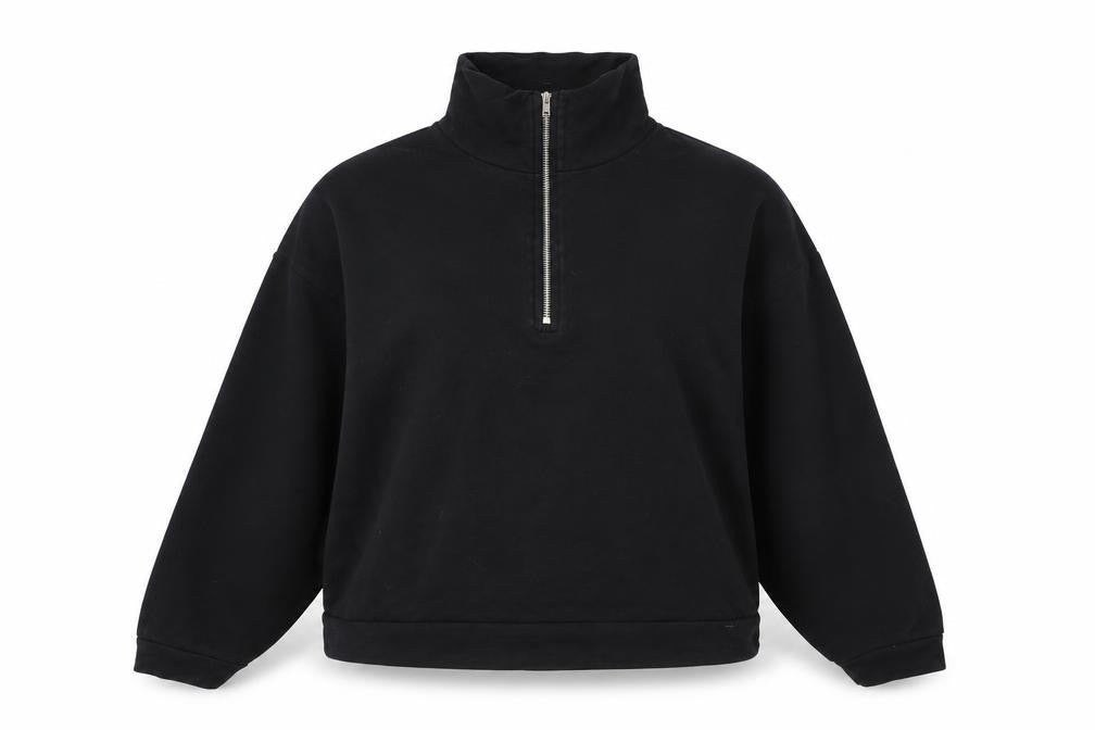 Front view of ASOS women’s black cotton pullover sweatshirt, size UK 10, zip