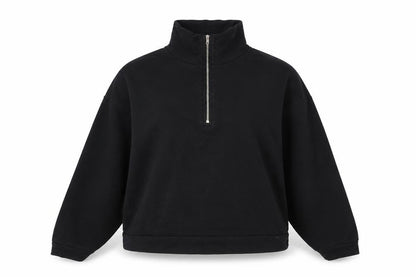 Front view of ASOS women’s black cotton pullover sweatshirt, size UK 10, zip