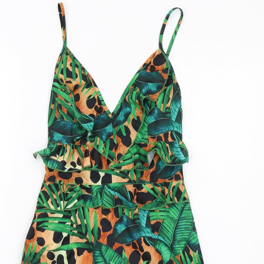 PRETTYLITTLETHING Womens Green Geometric Polyester Mini Size 4XL V-Neck Zip - Open Back