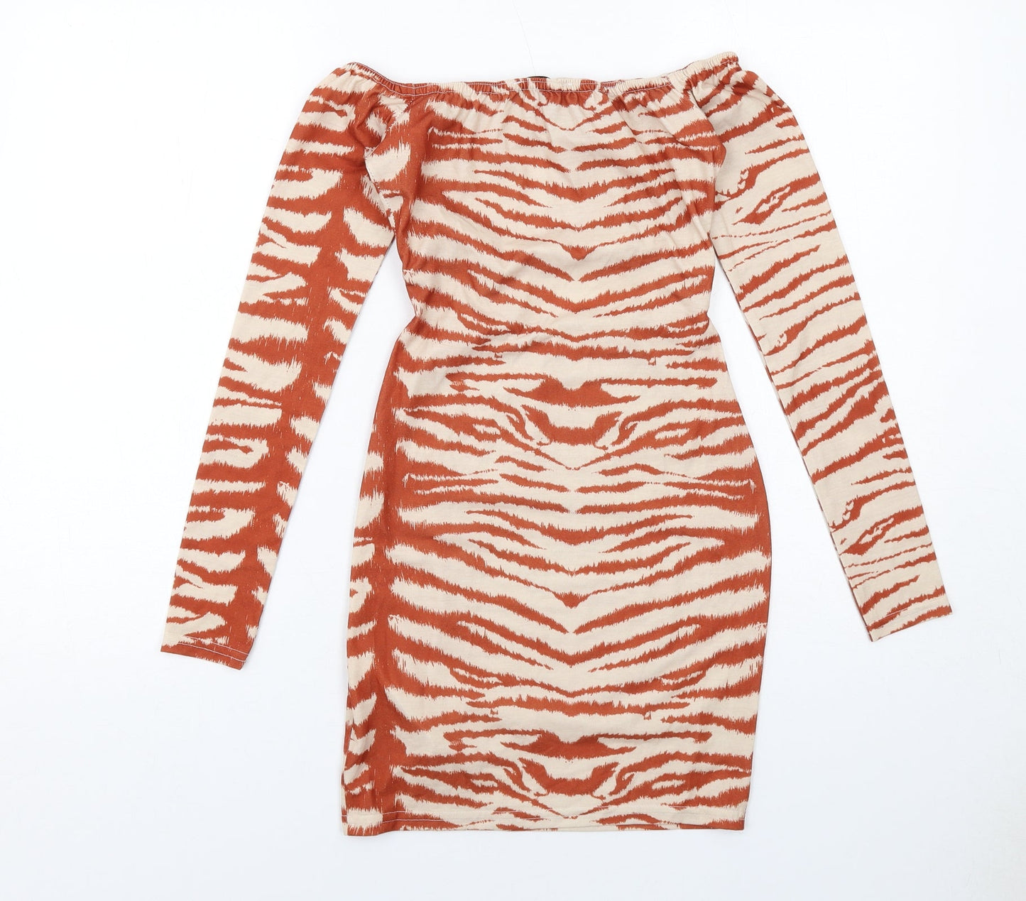 Missguided Womens Beige Geometric Viscose Bodycon Size 8 Round Neck Pullover