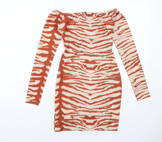 Missguided Womens Beige Geometric Viscose Bodycon Size 8 Round Neck Pullover