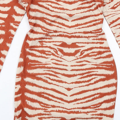 Missguided Womens Beige Geometric Viscose Bodycon Size 8 Round Neck Pullover