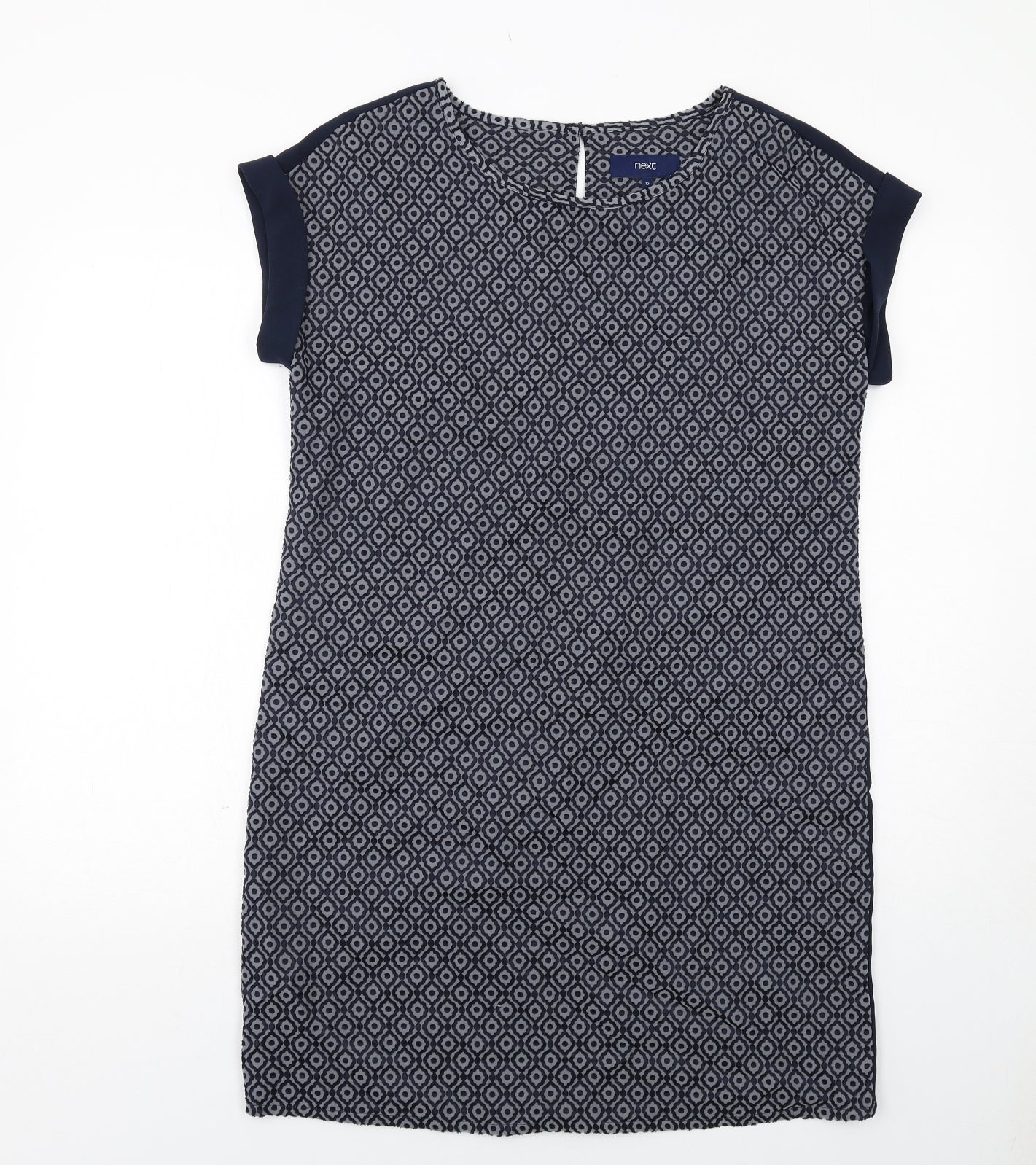 NEXT Womens Blue Geometric Polyester Shift Size 12 Round Neck Button