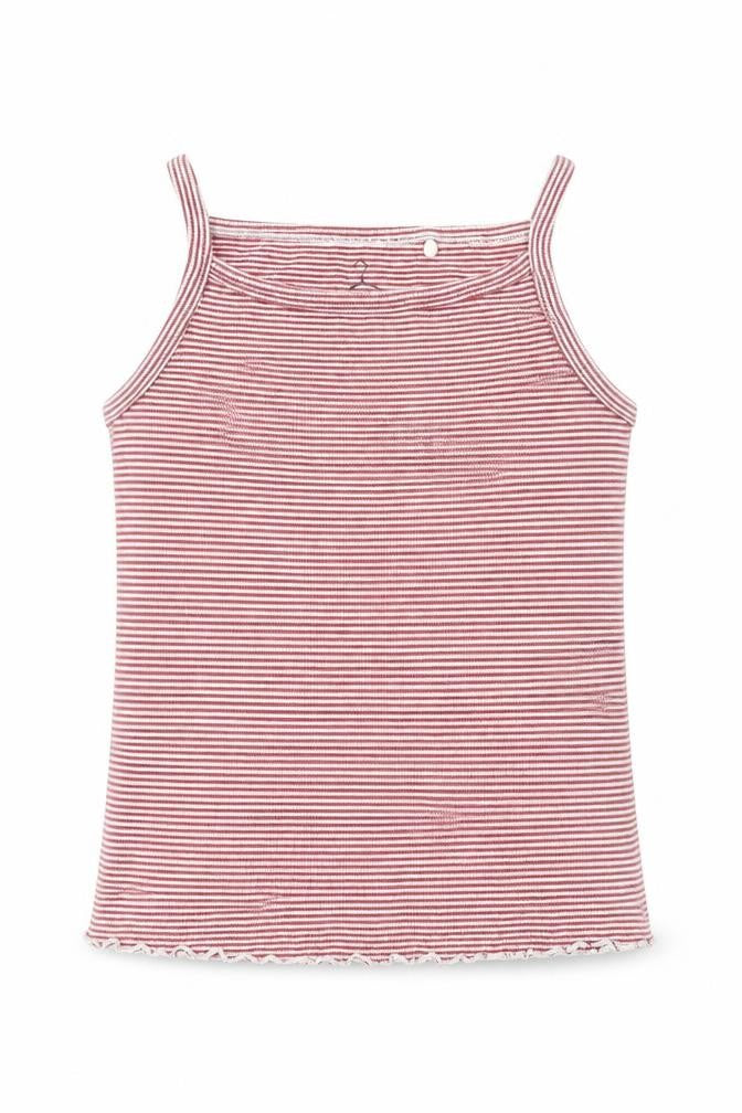 Front view of Next girls’ red striped cotton basic tank, size 9, years round neck pullover
