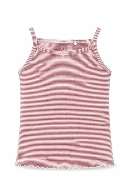 Front view of Next girls’ red striped cotton basic tank, size 9, years round neck pullover