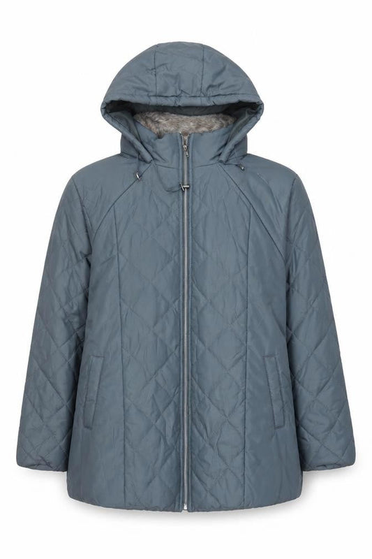 Front view of Anne De Lancay women’s blue quilted jacket, size L, zip