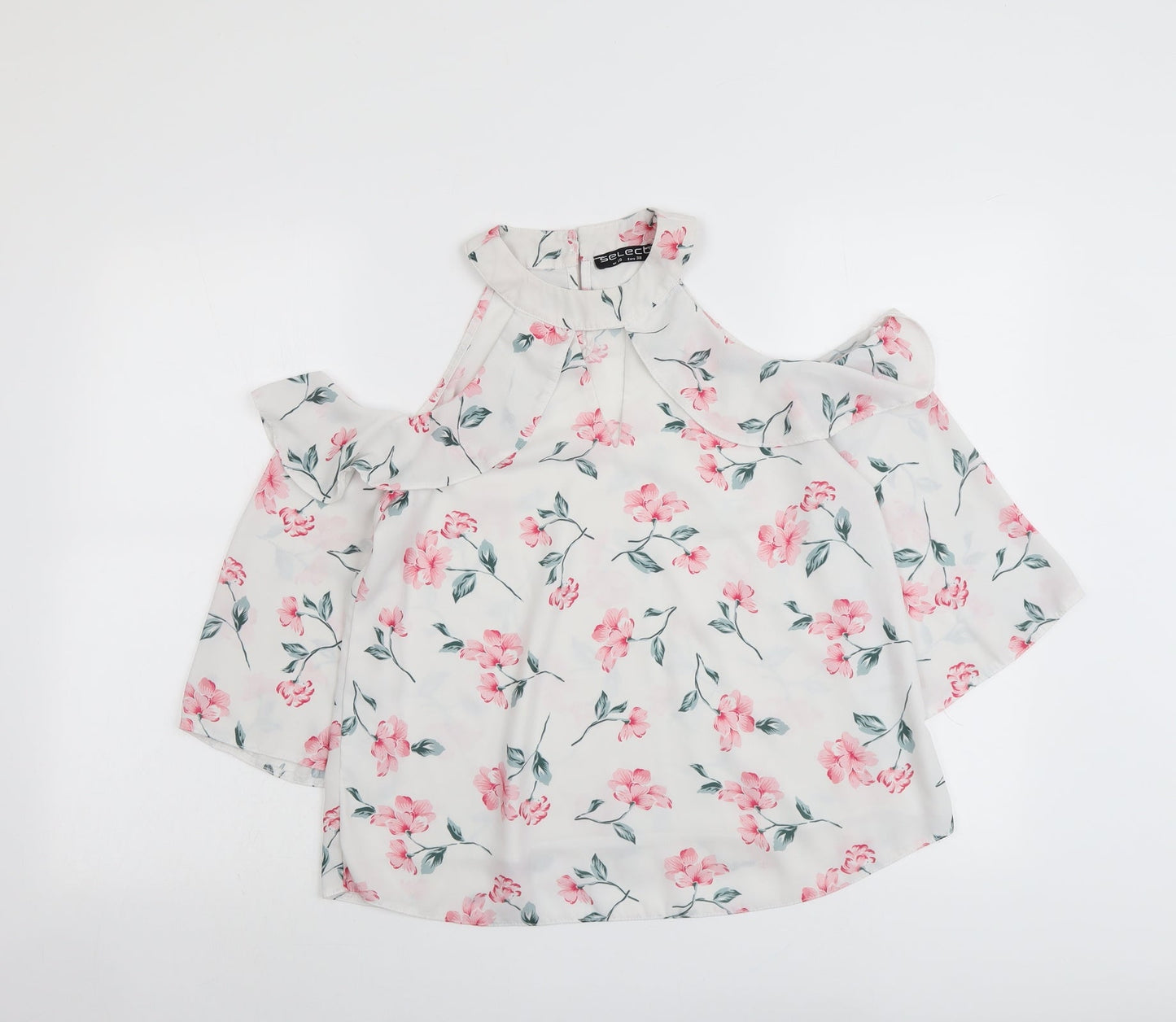 Select Womens White Floral Polyester Basic Blouse Size 10 Round Neck - Cold Shoulder