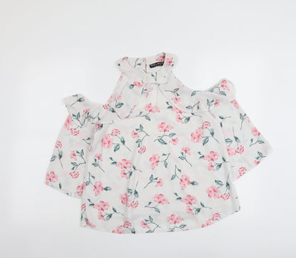 Select Womens White Floral Polyester Basic Blouse Size 10 Round Neck - Cold Shoulder