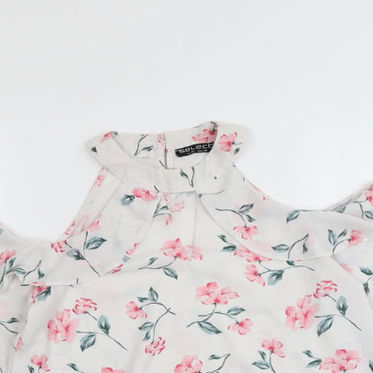 Select Womens White Floral Polyester Basic Blouse Size 10 Round Neck - Cold Shoulder