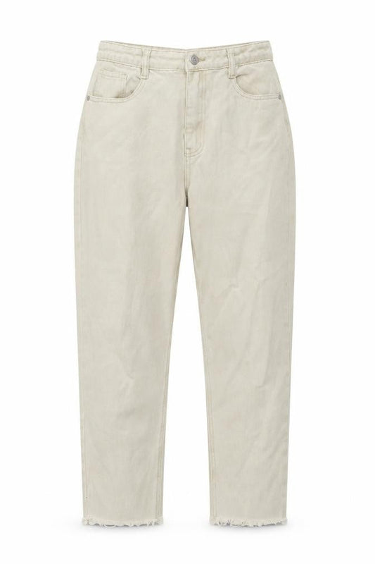 Front view of Missguided women’s beige cotton mom jeans, size UK 30, in, 25-inch leg regular button