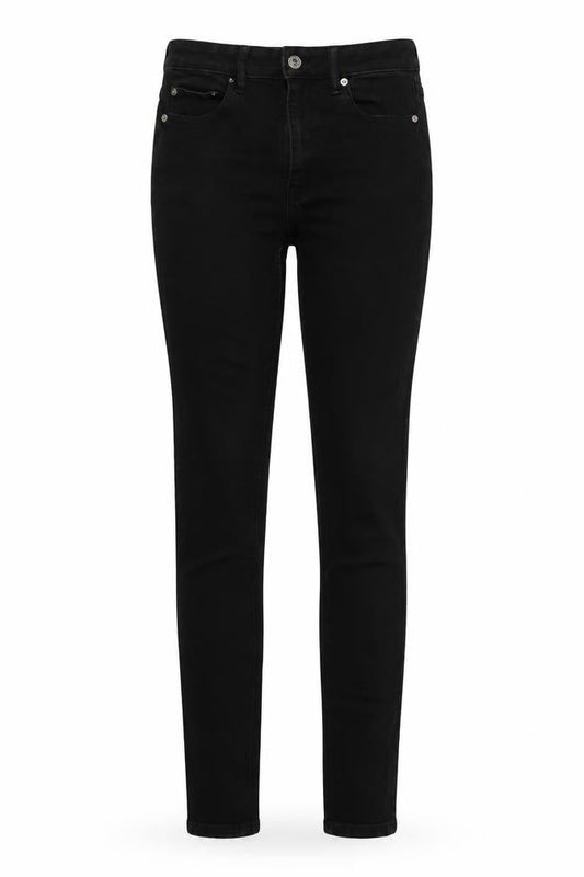 Front view of ASOS women’s black cotton skinny jeans, size UK 28, in, 32-inch leg regular button