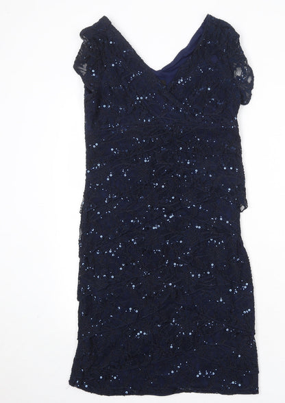 Scarlett Nite Womens Blue Nylon Sheath Size 8 V-Neck Zip