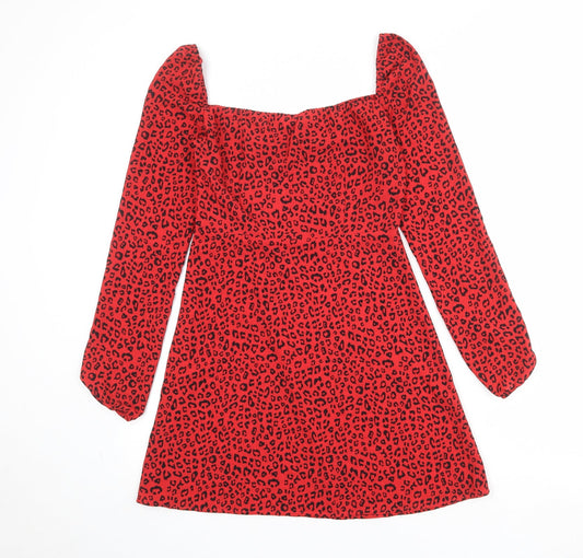 Divided by H&M Womens Red Animal Print Polyester A-Line Size 10 Sweetheart Zip - Leopard Print