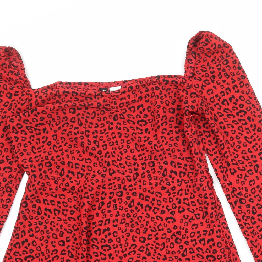 Divided by H&M Womens Red Animal Print Polyester A-Line Size 10 Sweetheart Zip - Leopard Print