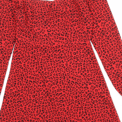 Divided by H&M Womens Red Animal Print Polyester A-Line Size 10 Sweetheart Zip - Leopard Print