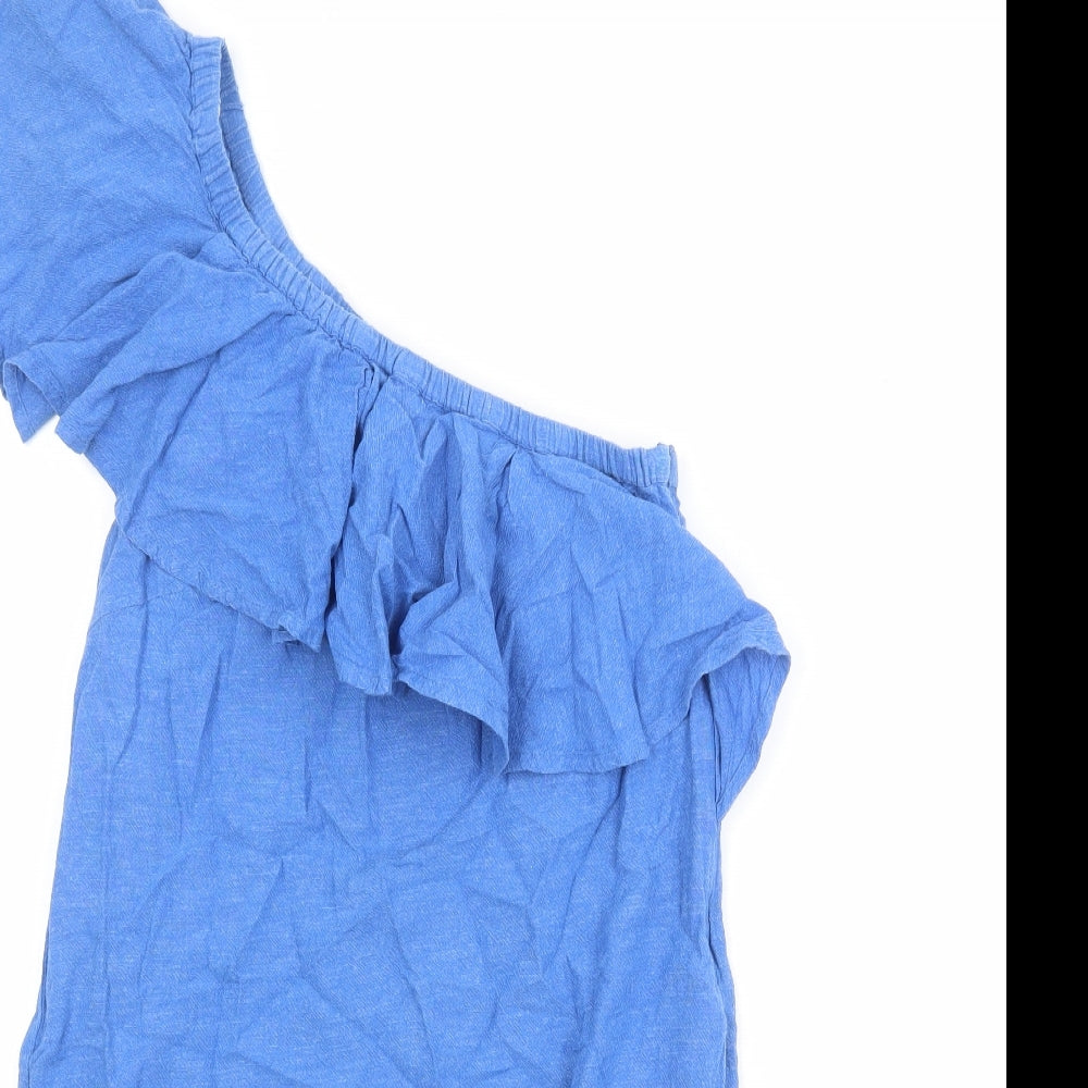 Warehouse Womens Blue Cotton Mini Size 10 Off the Shoulder Zip - Asymmetric Neckline