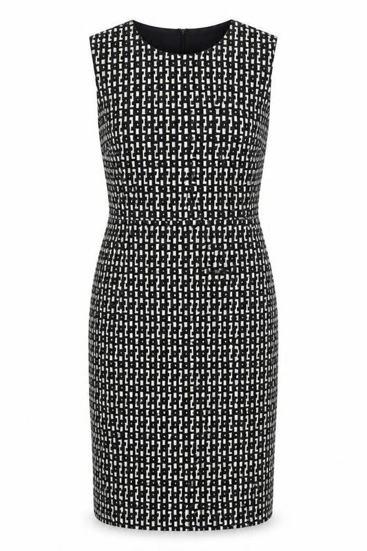 Front view of Linea women’s black geometric polyester shift, size UK 14, round neck zip