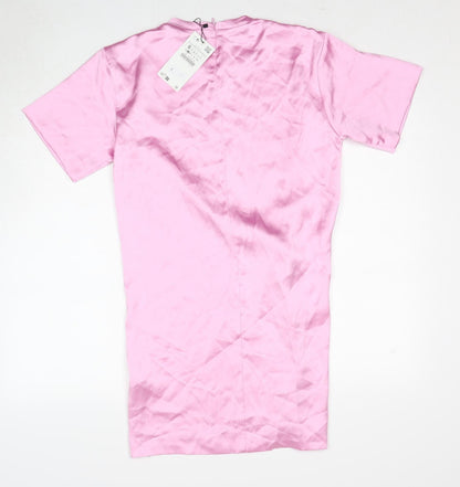 Zara Womens Pink Polyester Mini Size S Round Neck Zip - Twist Front Detail