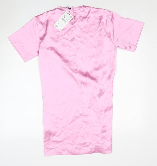 Zara Womens Pink Polyester Mini Size S Round Neck Zip - Twist Front Detail
