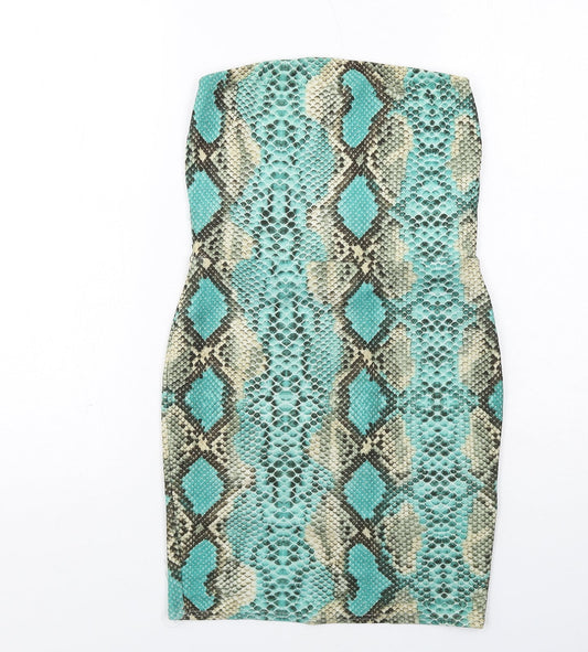 PRETTYLITTLETHING Womens Green Animal Print Polyester Mini Size 10 Square Neck Pullover - Snake Print Strapless