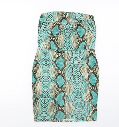 PRETTYLITTLETHING Womens Green Animal Print Polyester Mini Size 10 Square Neck Pullover - Snake Print Strapless