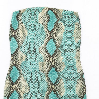 PRETTYLITTLETHING Womens Green Animal Print Polyester Mini Size 10 Square Neck Pullover - Snake Print Strapless