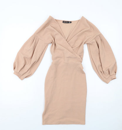 Misspap Womens Beige Polyester Pencil Dress Size 6 V-Neck Pullover - Voluminous Sleeves