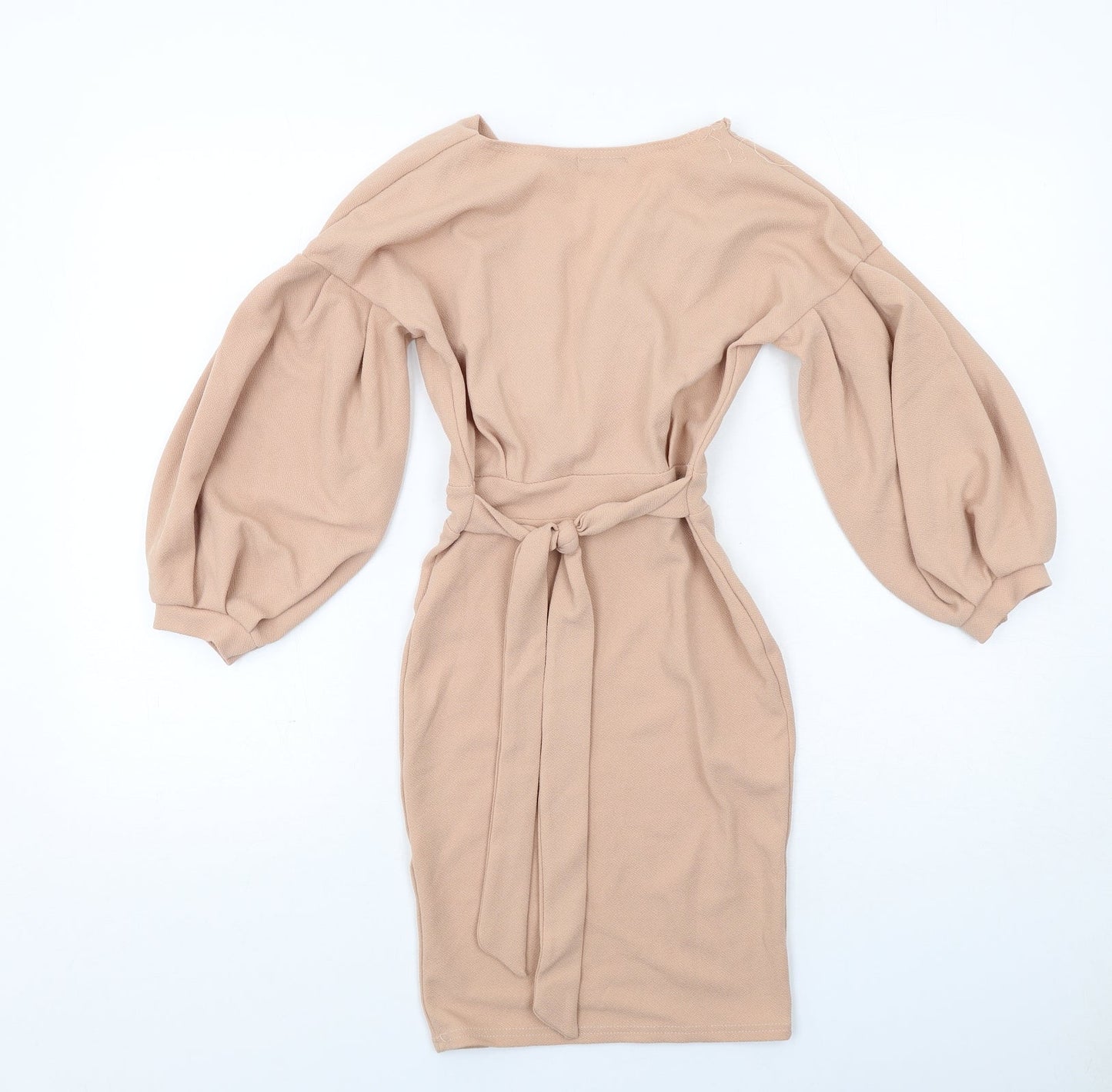 Misspap Womens Beige Polyester Pencil Dress Size 6 V-Neck Pullover - Voluminous Sleeves