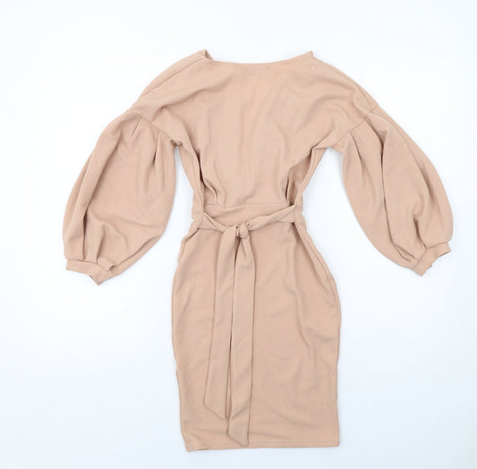 Misspap Womens Beige Polyester Pencil Dress Size 6 V-Neck Pullover - Voluminous Sleeves