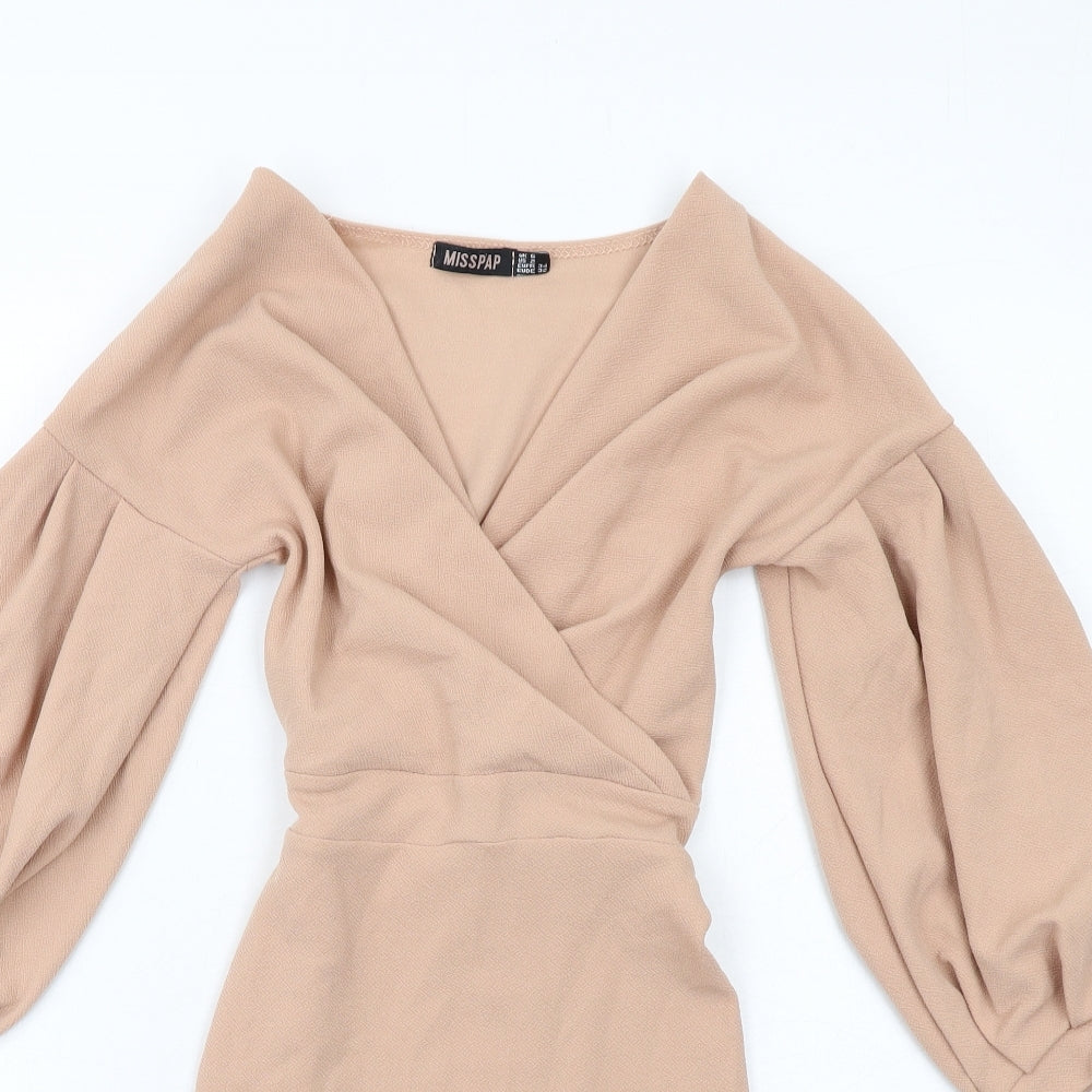 Misspap Womens Beige Polyester Pencil Dress Size 6 V-Neck Pullover - Voluminous Sleeves