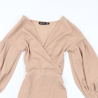 Misspap Womens Beige Polyester Pencil Dress Size 6 V-Neck Pullover - Voluminous Sleeves