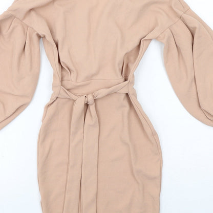 Misspap Womens Beige Polyester Pencil Dress Size 6 V-Neck Pullover - Voluminous Sleeves