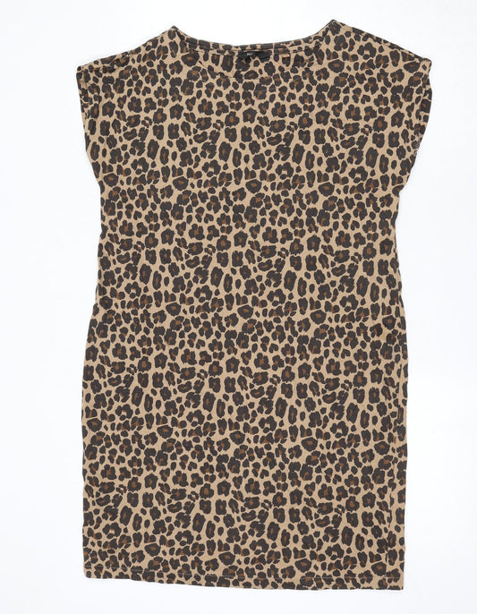 NEXT Womens Brown Animal Print Cotton Mini Size 10 Round Neck Pullover - Leopard Print
