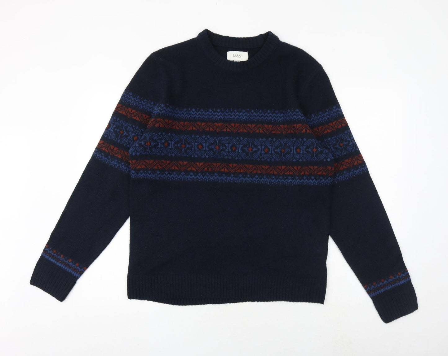 Marks and Spencer Mens Blue Round Neck Geometric Polyester Pullover Jumper Size M Long Sleeve