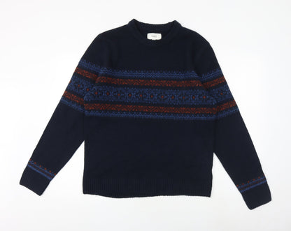 Marks and Spencer Mens Blue Round Neck Geometric Polyester Pullover Jumper Size M Long Sleeve