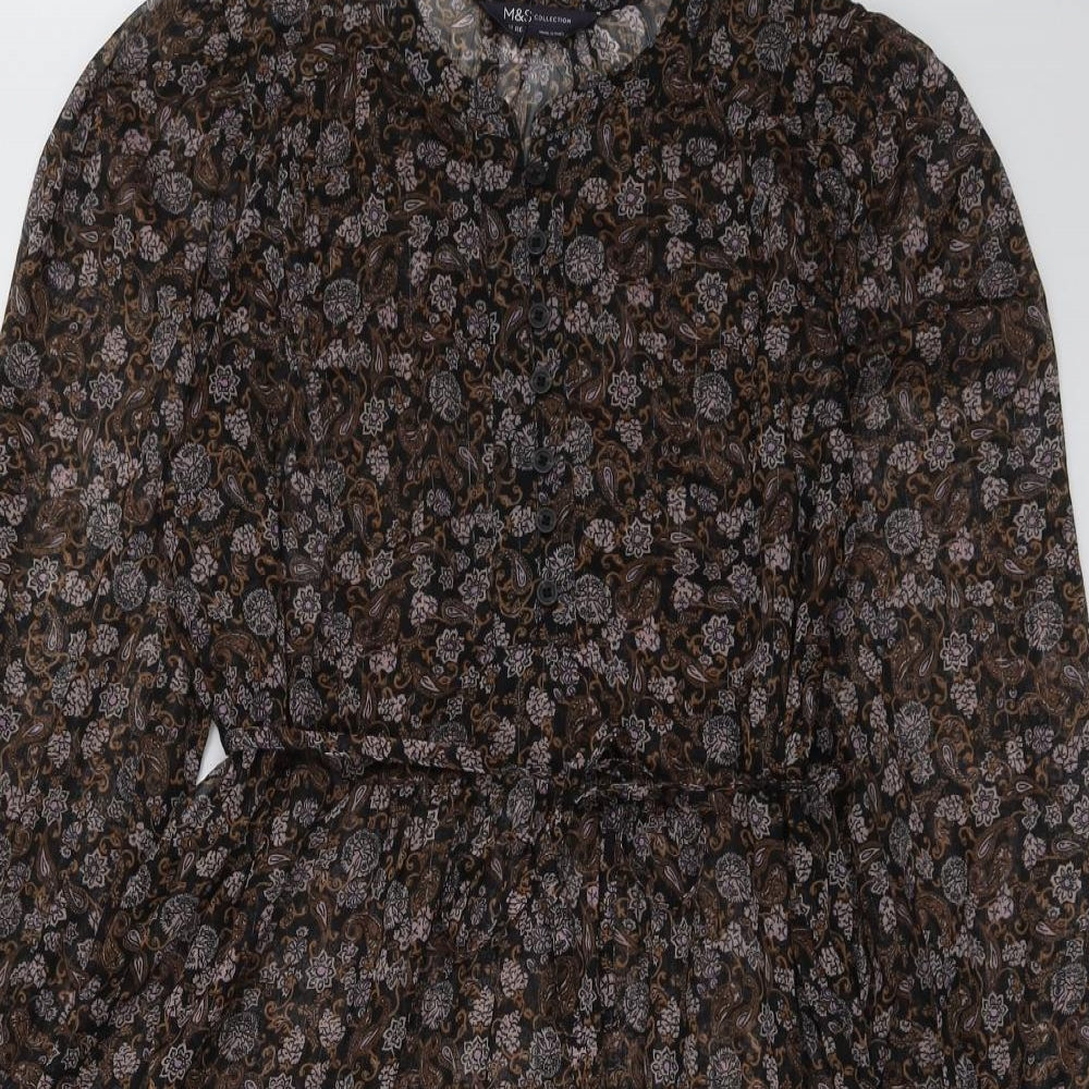 Marks and Spencer Womens Brown Geometric Polyester Shift Size 12 Round Neck Button