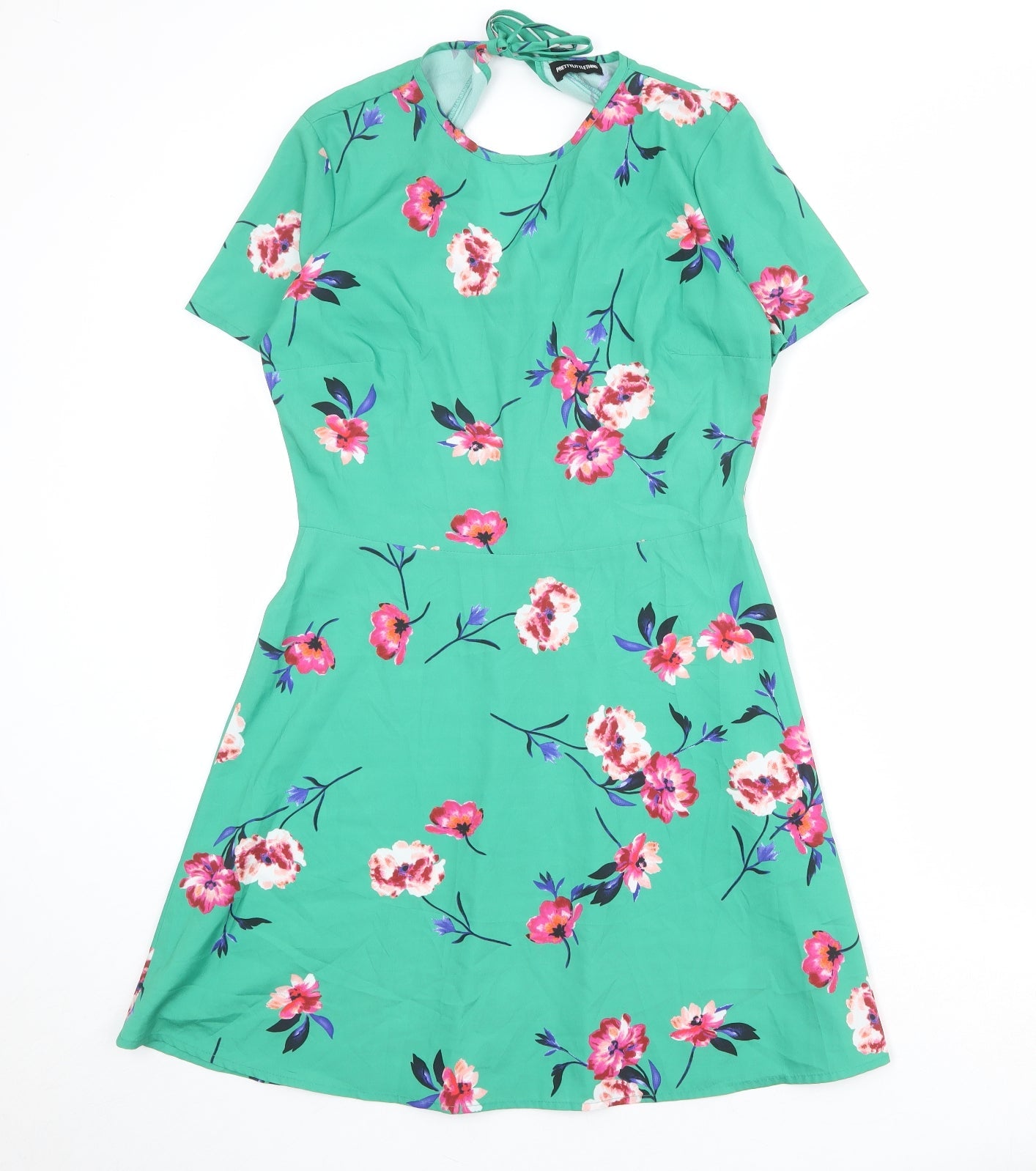 PRETTYLITTLETHING Womens Green Floral Polyester A-Line Size 10 Round Neck Zip