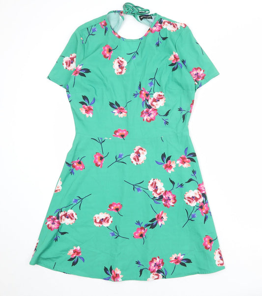 PRETTYLITTLETHING Womens Green Floral Polyester A-Line Size 10 Round Neck Zip