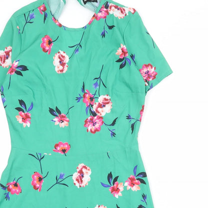 PRETTYLITTLETHING Womens Green Floral Polyester A-Line Size 10 Round Neck Zip